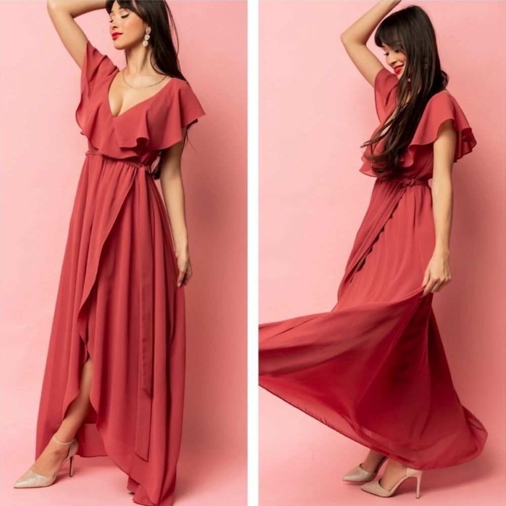 NWT Baltic Born Pink Katya Ruffle Maxi Dress SZ L Rosewood Bridesmaid Wedding